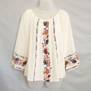 Love Sam Ivory Cotton Size S Floral Embroidered Cross Stitch Peasant Boho Blouse